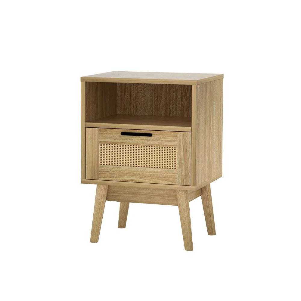 Artiss Rattan Bedside Table 1 Drawer with Shelf - REI Oak - Mekamart Australia