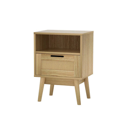 Artiss Rattan Bedside Table 1 Drawer with Shelf - REI Oak - Mekamart Australia