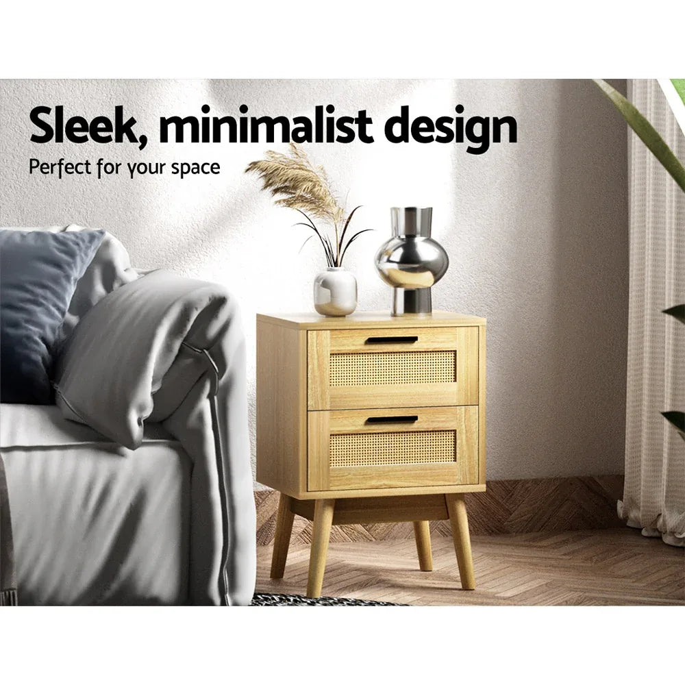 Artiss Rattan Bedside Table 2 Drawers Wood - RIE Oak - Mekamart Australia