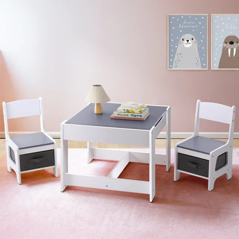 Keezi Kids Table and Chairs Set Play Activity Toys Storage Chalkboard Desk Grey - Mekamart Australia