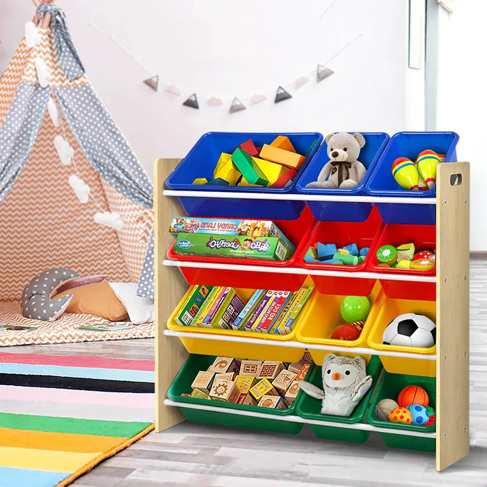 Keezi Kids Toy Box 12 Bins Bookshelf Organiser Children Storage Rack - Mekamart Australia