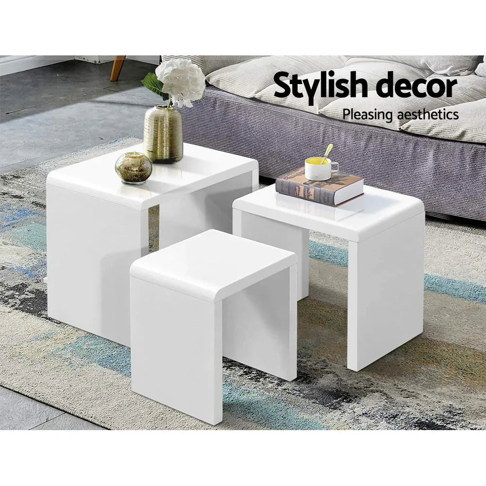 Artiss Nesting Coffee Table Set of 3 Glossy White - Mekamart Australia
