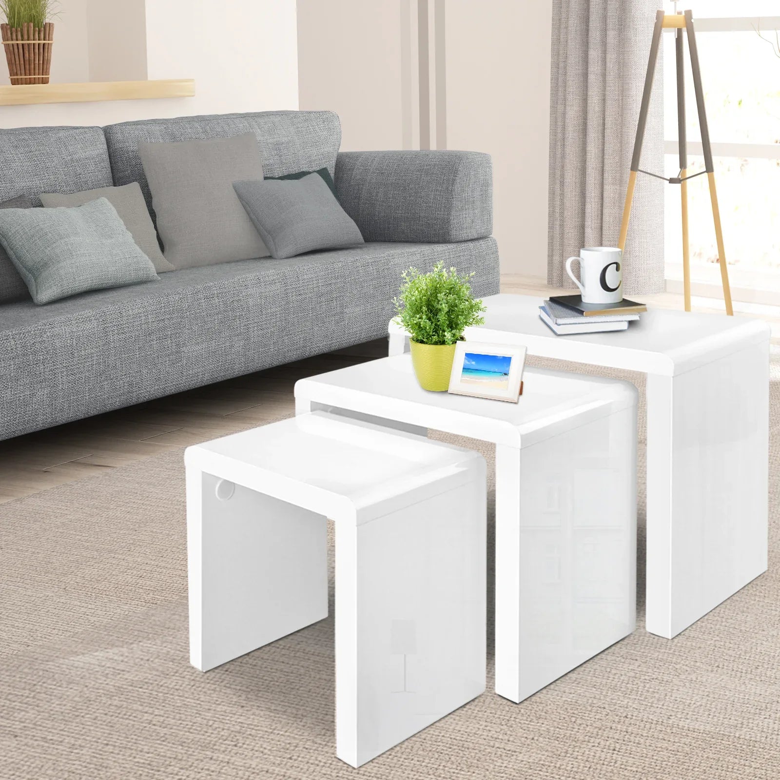 Artiss Nesting Coffee Table Set of 3 Glossy White - Mekamart Australia