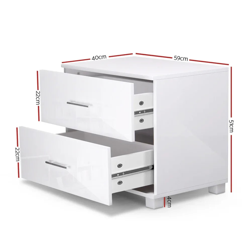 Artiss Bedside Table 2 Drawers High Gloss - White - Mekamart Australia
