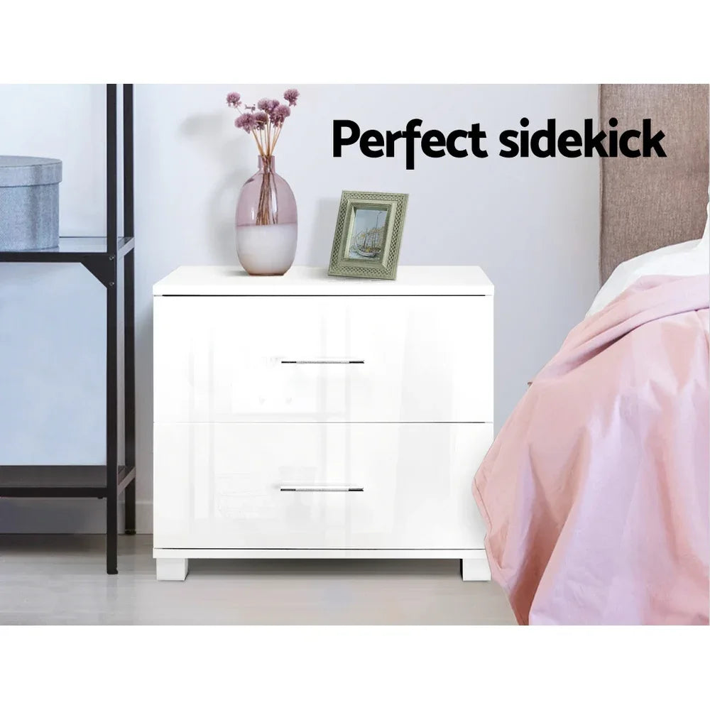Artiss Bedside Table 2 Drawers High Gloss - White - Mekamart Australia