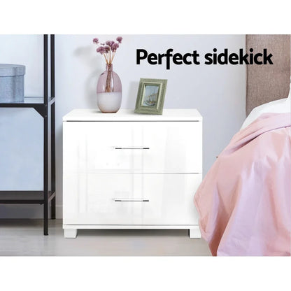 Artiss Bedside Table 2 Drawers High Gloss - White - Mekamart Australia