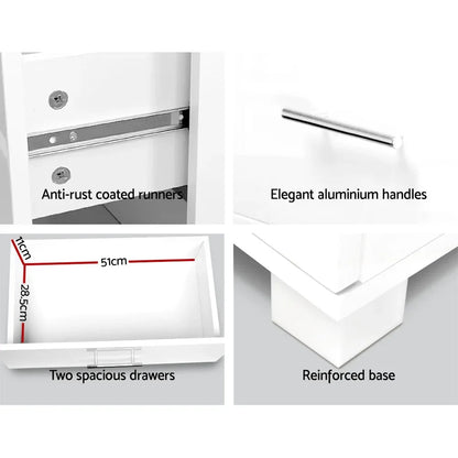 Artiss Bedside Table 2 Drawers High Gloss - White - Mekamart Australia