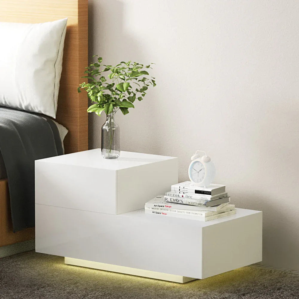 Artiss Bedside Tables LED 2 Drawers - REMI White - Mekamart Australia