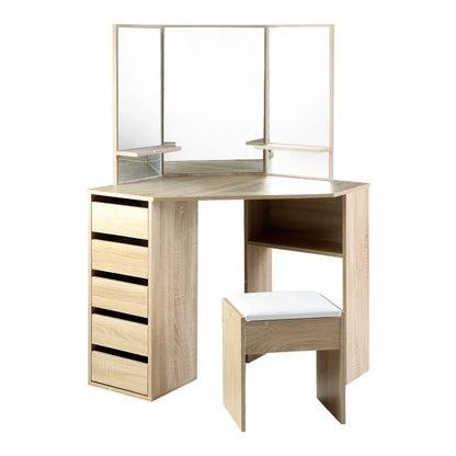 Artiss Dressing Table Stool Set Corner 5 Drawers Oak - Mekamart Australia