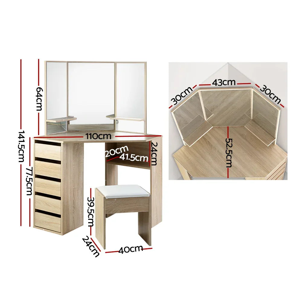 Artiss Dressing Table Stool Set Corner 5 Drawers Oak - Mekamart Australia