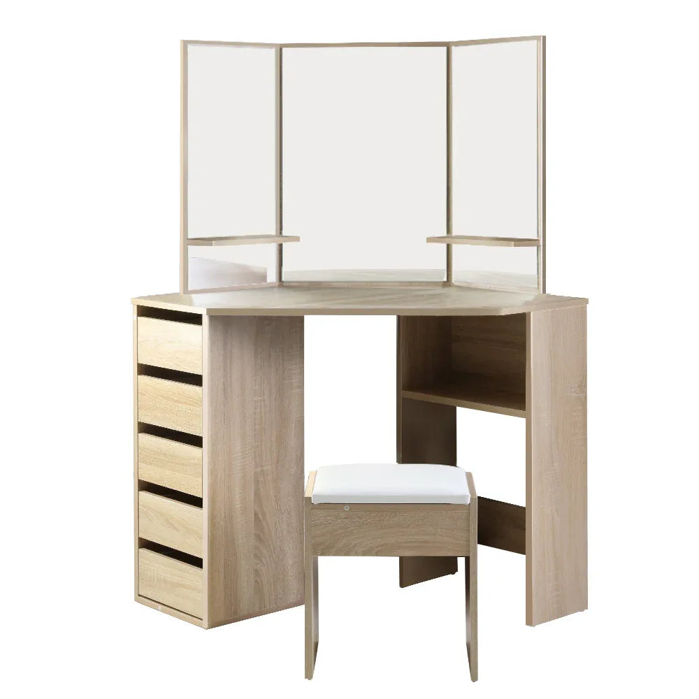 Artiss Dressing Table Stool Set Corner 5 Drawers Oak - Mekamart Australia
