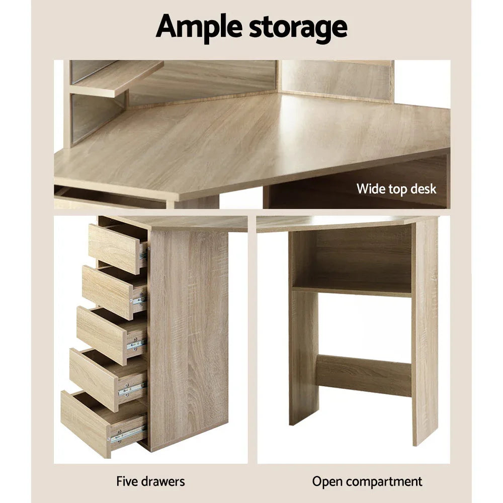 Artiss Dressing Table Stool Set Corner 5 Drawers Oak - Mekamart Australia