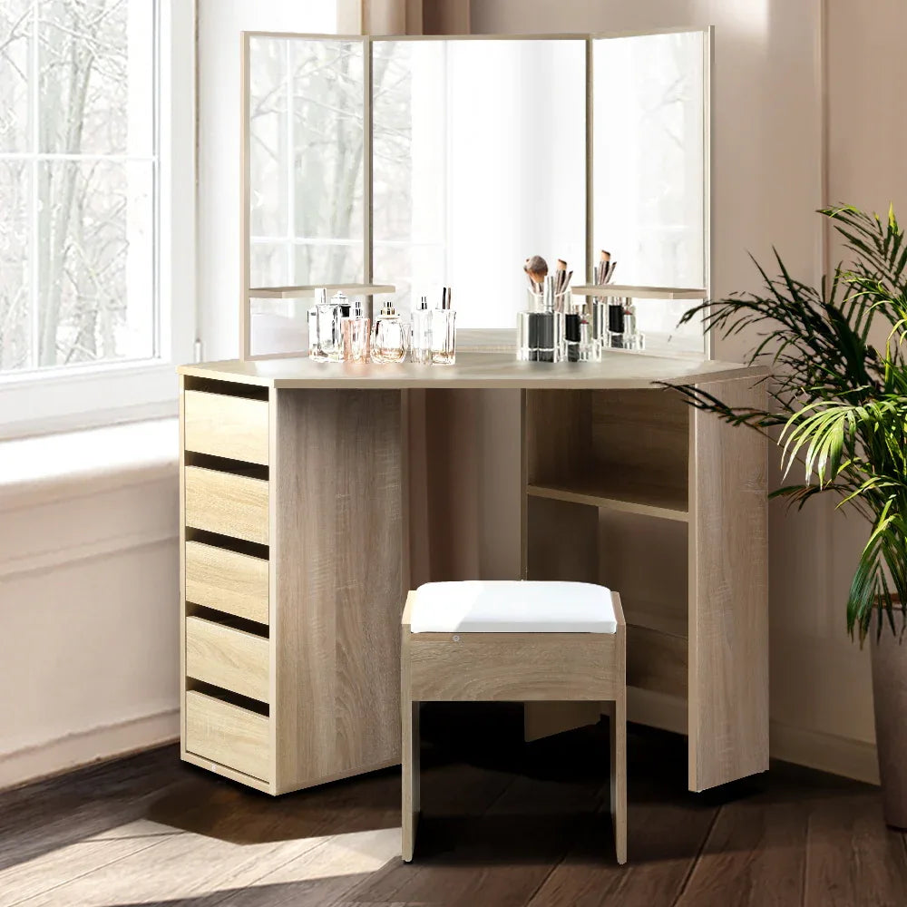 Artiss Dressing Table Stool Set Corner 5 Drawers Oak - Mekamart Australia