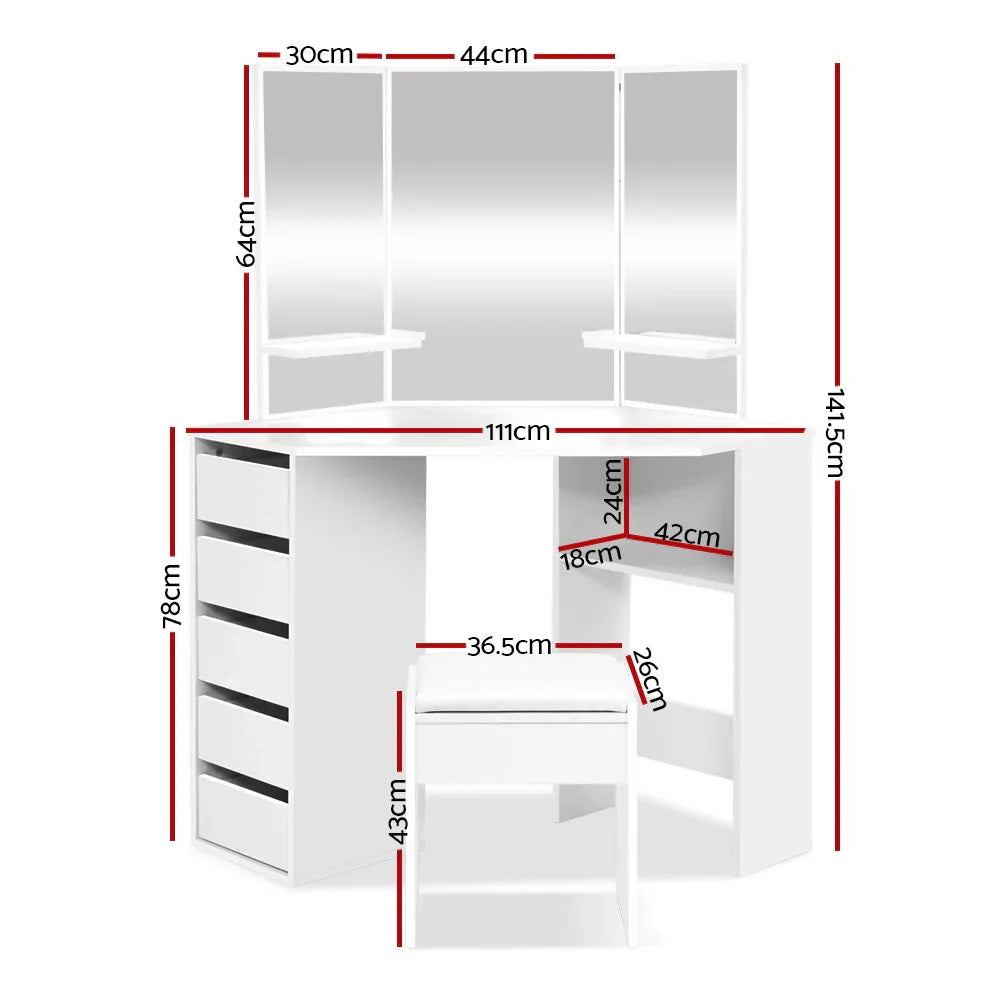 Artiss Dressing Table Stool Set Corner 5 Drawers White - Mekamart Australia