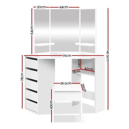 Artiss Dressing Table Stool Set Corner 5 Drawers White - Mekamart Australia