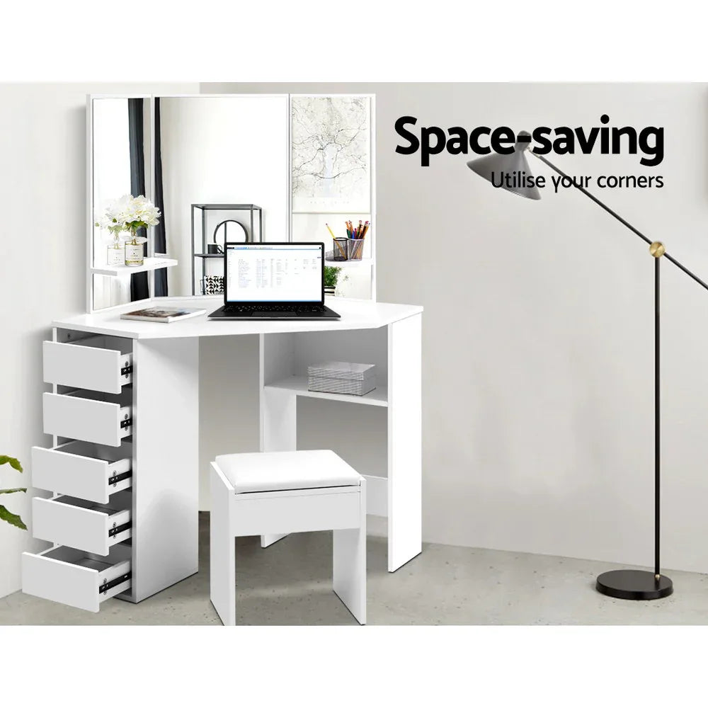 Artiss Dressing Table Stool Set Corner 5 Drawers White - Mekamart Australia
