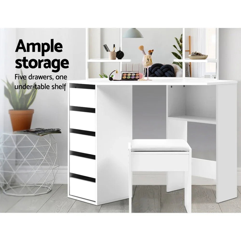 Artiss Dressing Table Stool Set Corner 5 Drawers White - Mekamart Australia