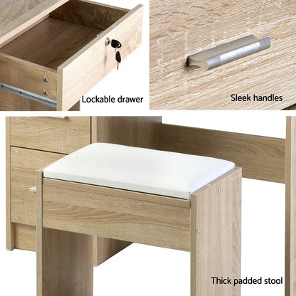 Artiss Dressing Table Stool Set Sliding Mirror Oak Diane - Mekamart Australia