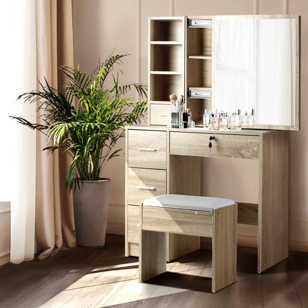 Artiss Dressing Table Stool Set Sliding Mirror Oak Diane - Mekamart Australia