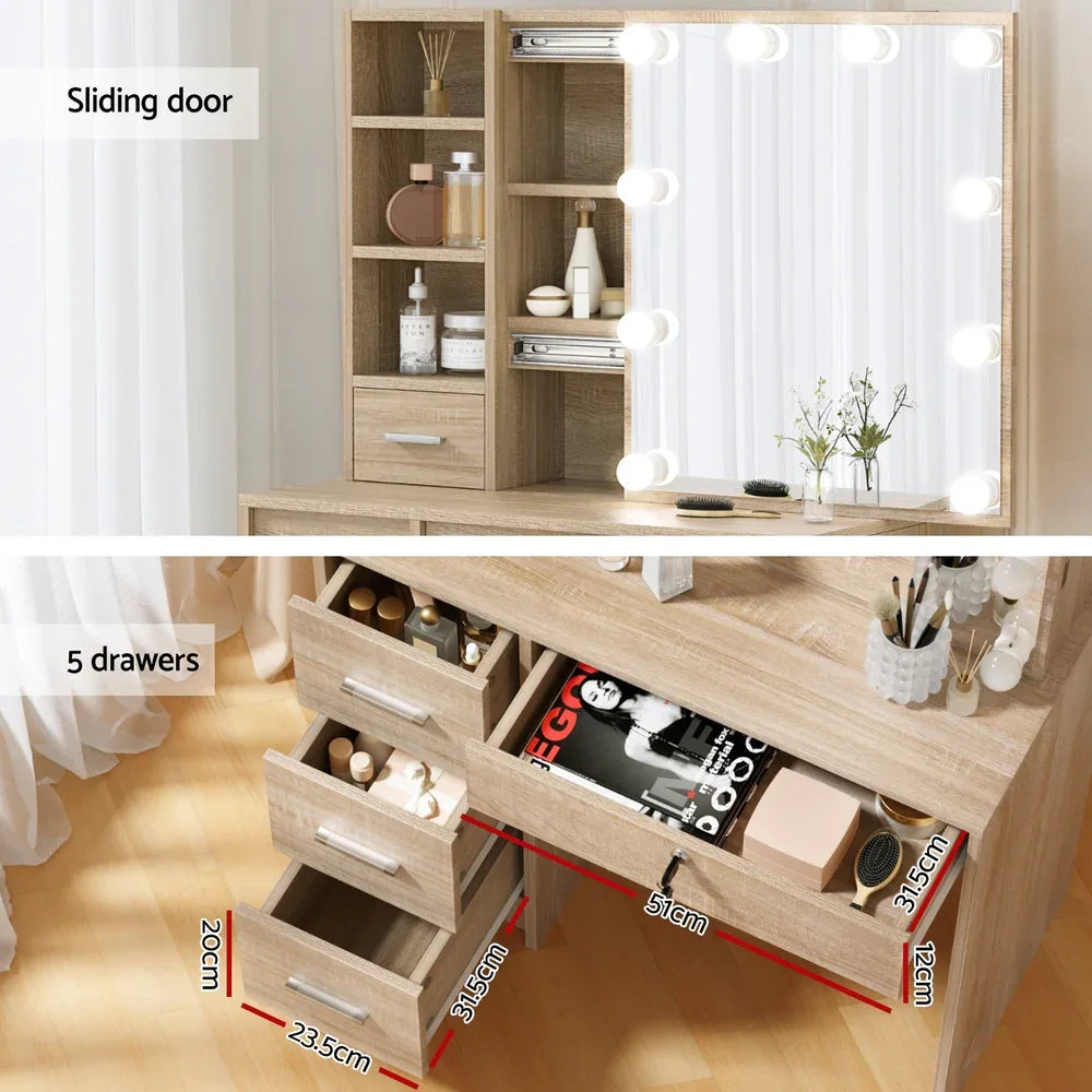 Artiss Dressing Table Set Stool 10 Led Bulbs Wood - Mekamart Australia