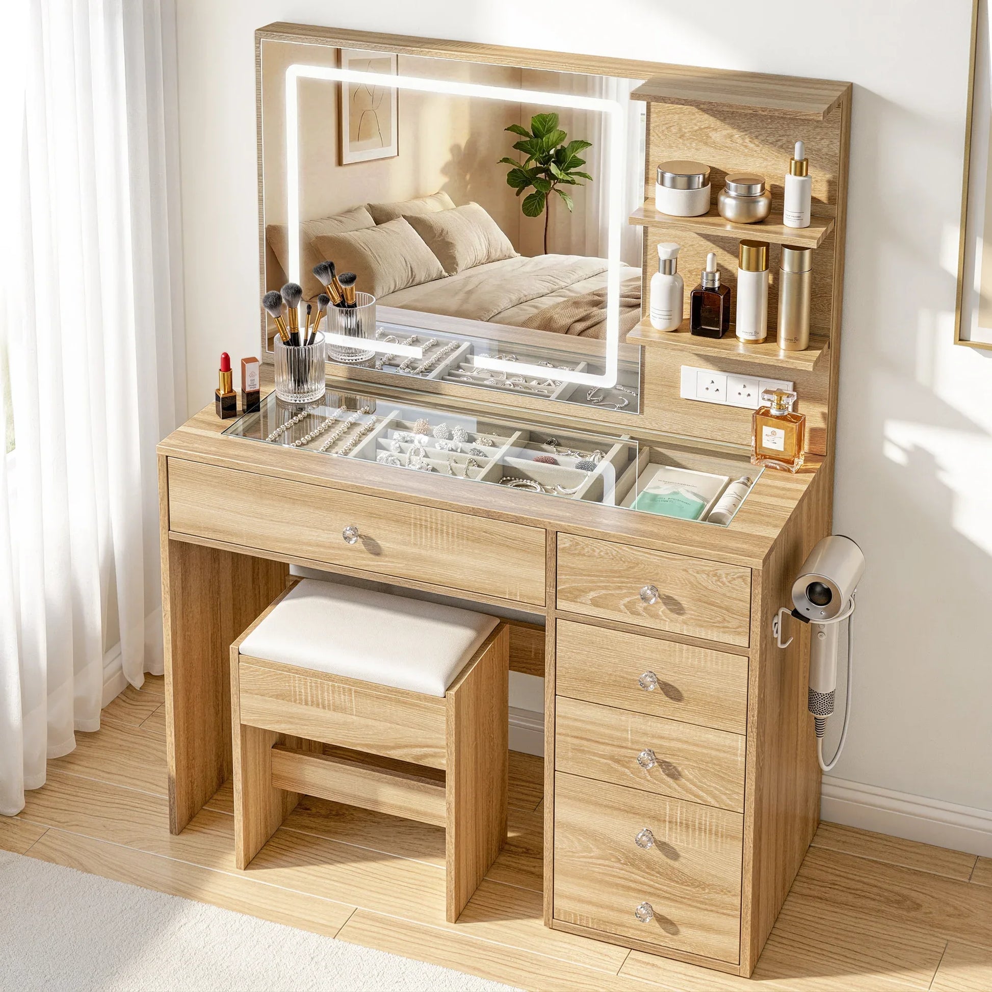 Artiss Dressing Table LED Vanity Desk Set Stool Wood - Mekamart Australia