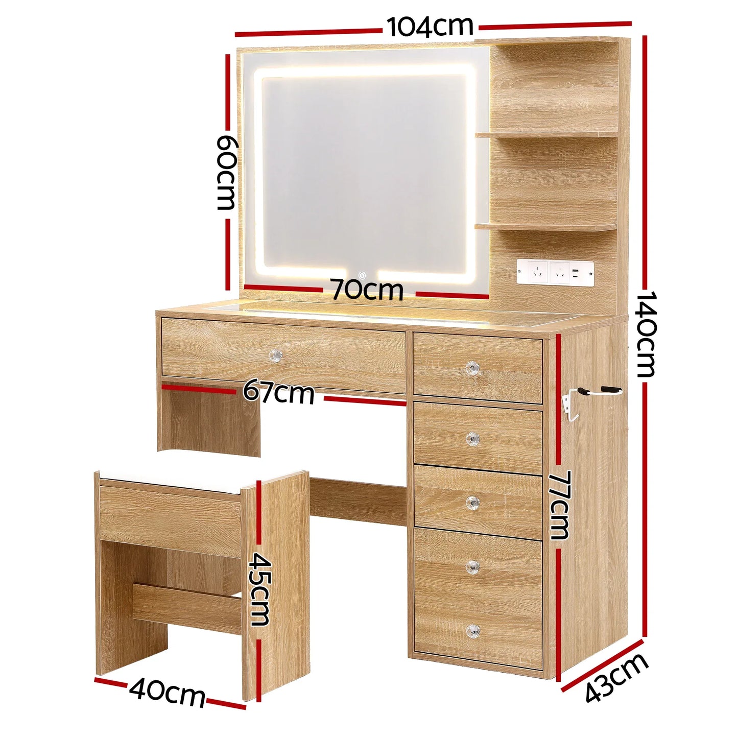 Artiss Dressing Table LED Vanity Desk Set Stool Wood - Mekamart Australia