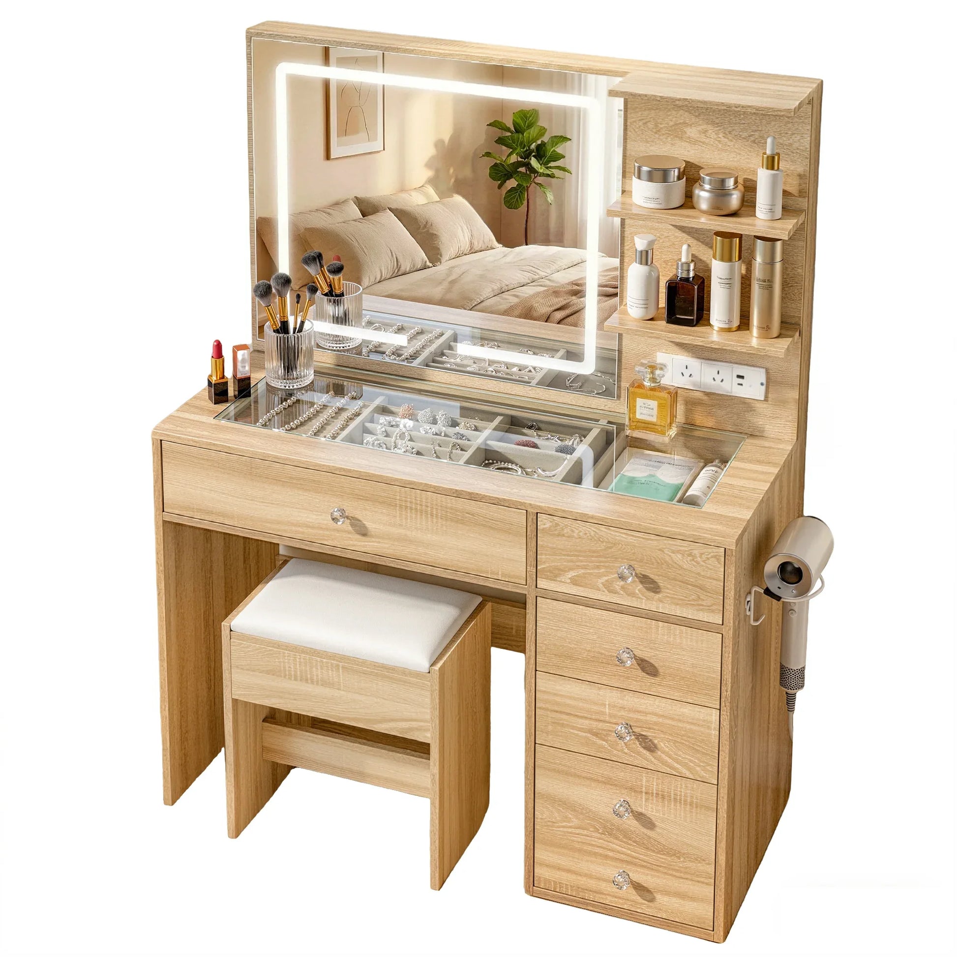 Artiss Dressing Table LED Vanity Desk Set Stool Wood - Mekamart Australia