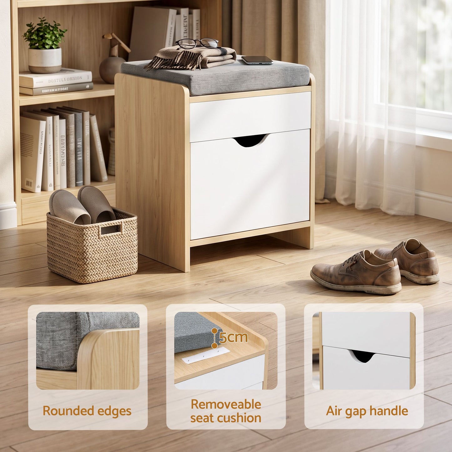 Artiss Storage Ottoman with Drawer 100kg Capacity Footrest Cushion Pine