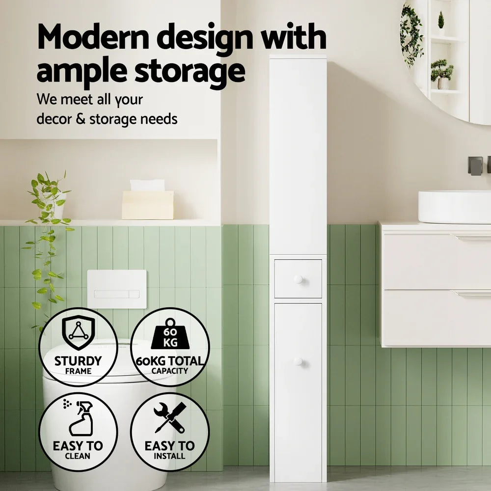 Artiss Bathroom Cabinet Storage Slim Organiser Drawer Toilet Corner 135cm White - Mekamart Australia