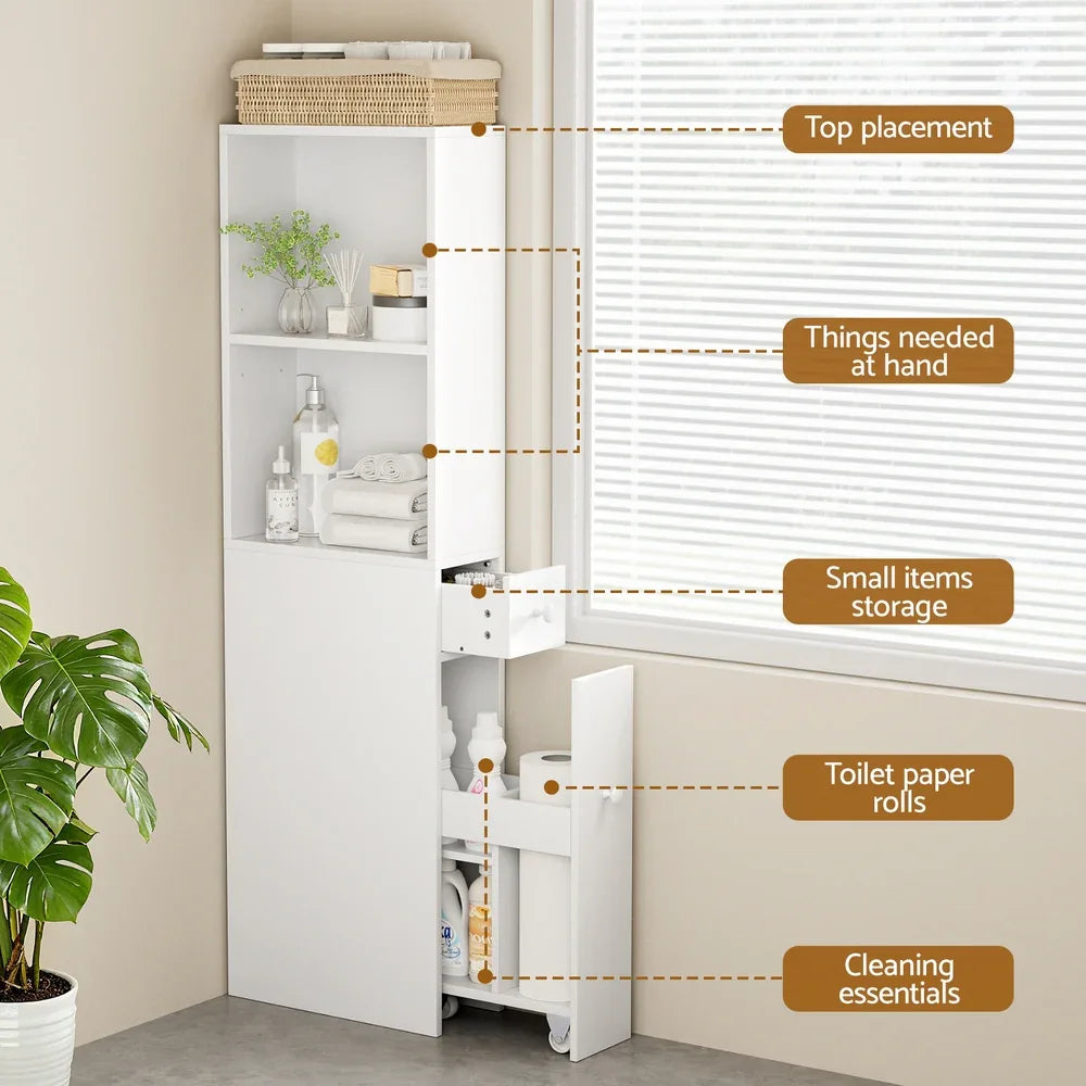 Artiss Bathroom Cabinet Storage Slim Organiser Drawer Toilet Corner 135cm White - Mekamart Australia