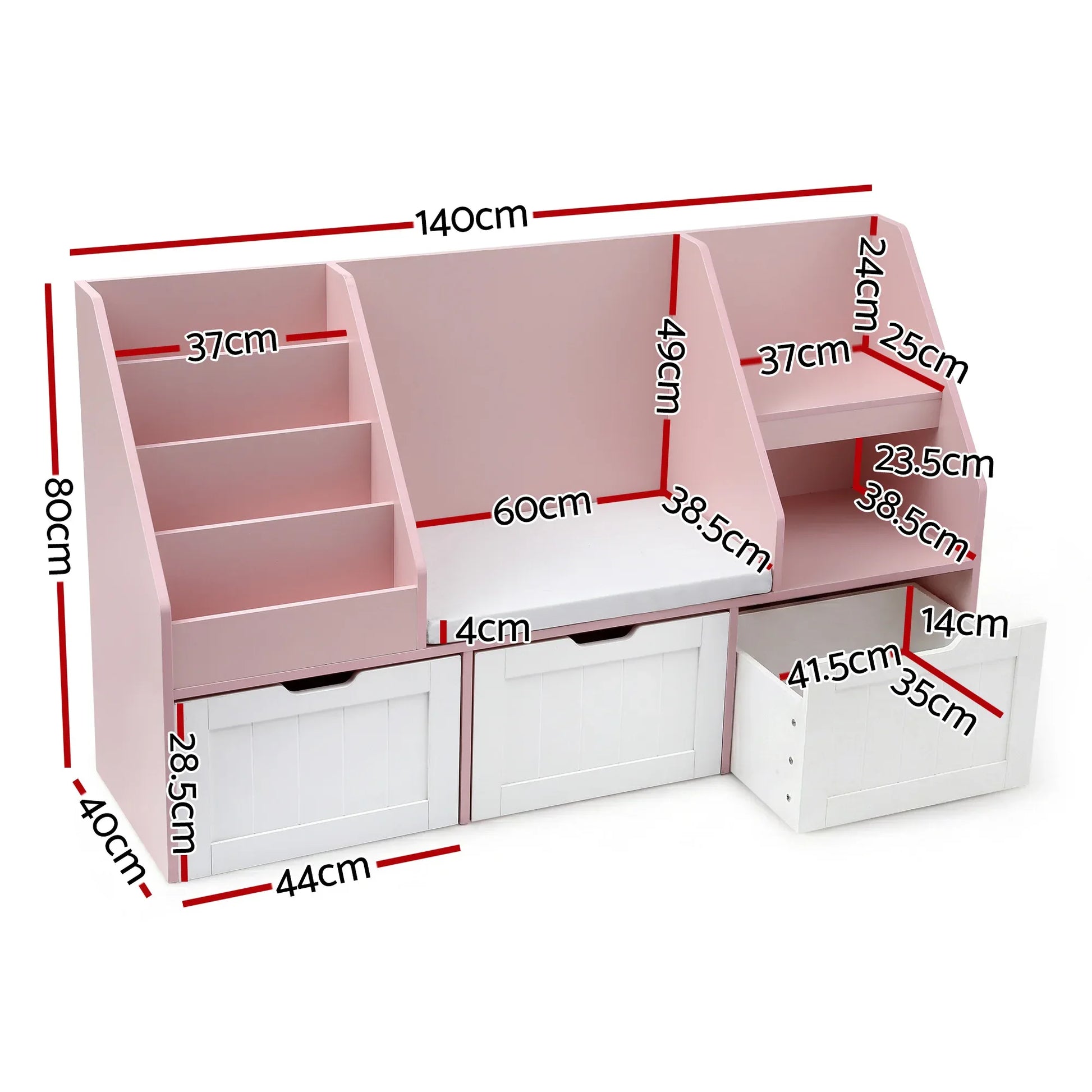 Keezi Kids Bookshelf Storage Organiser Toy Box Drawer Bench Seat Cabinet Pink - Mekamart Australia