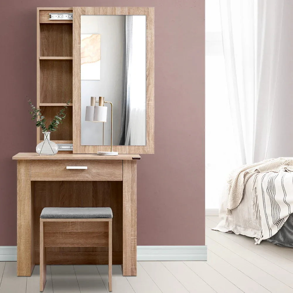 Artiss Dressing Table Stool Set Sliding Mirror Oak Demi - Mekamart Australia