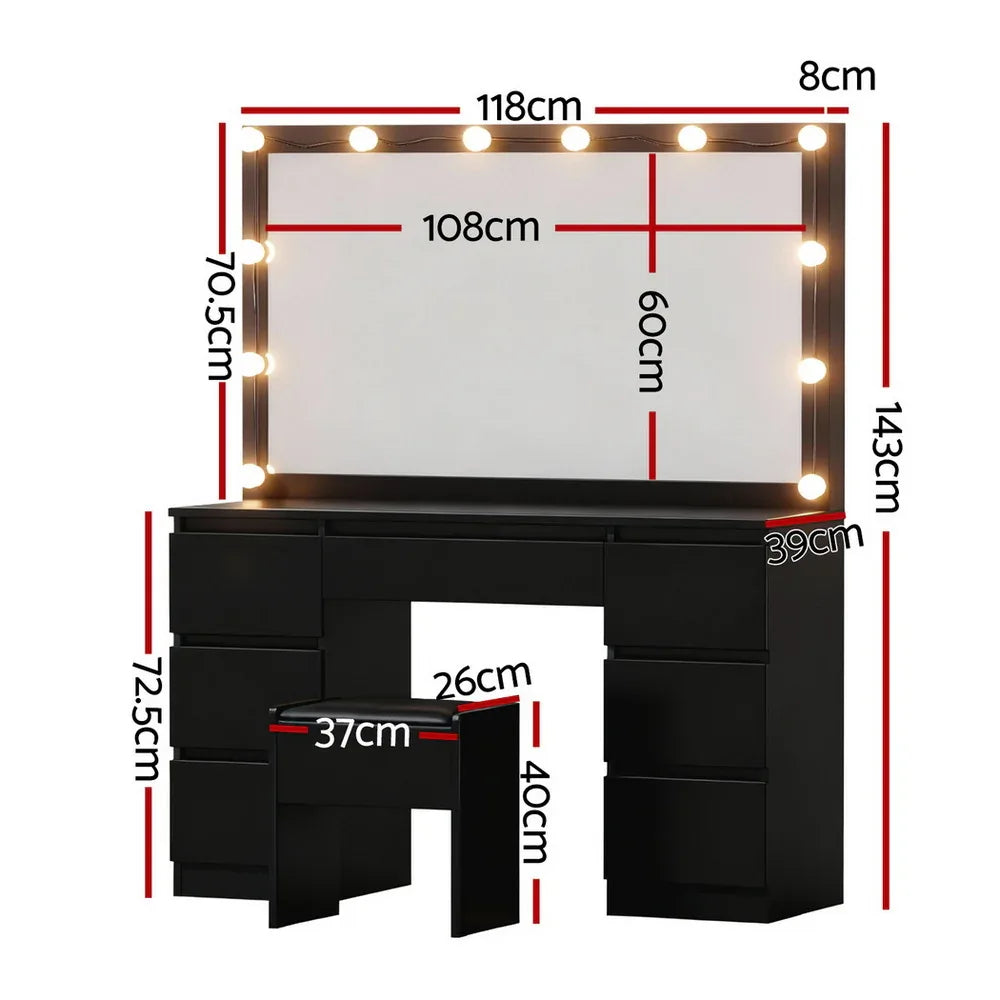 Artiss Dressing Table Vanity Desk Set Stool 12 Led Bulbs Black - Mekamart Australia