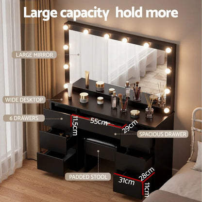Artiss Dressing Table Vanity Desk Set Stool 12 Led Bulbs Black - Mekamart Australia