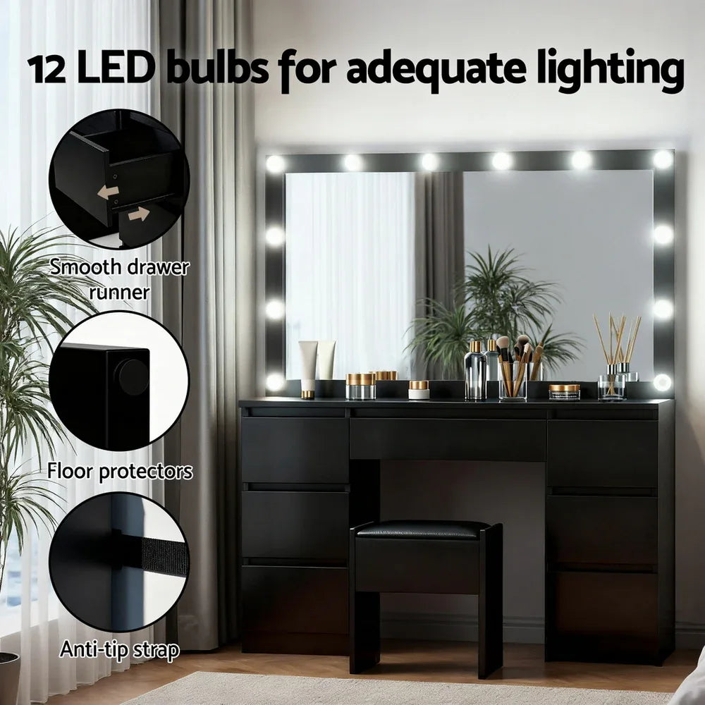 Artiss Dressing Table Vanity Desk Set Stool 12 Led Bulbs Black - Mekamart Australia