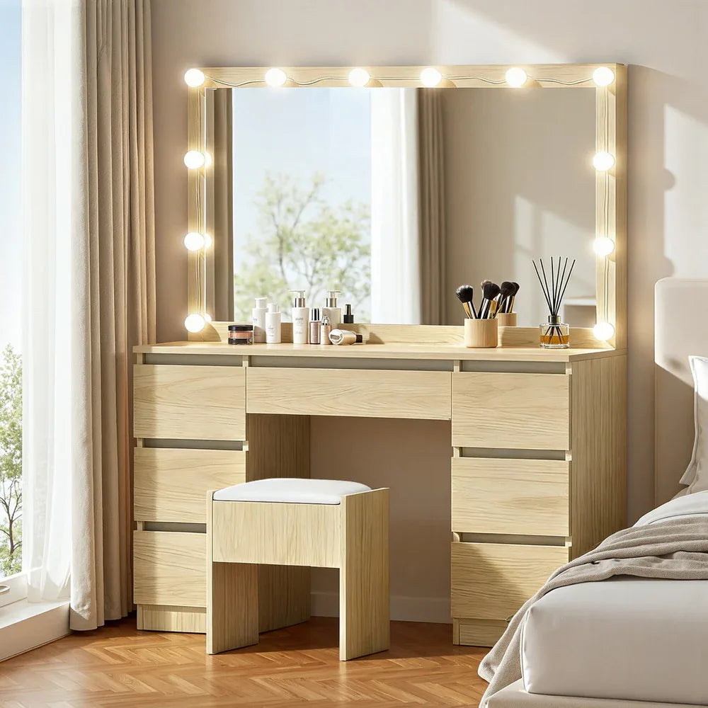 Artiss Dressing Table Vanity Desk Set Stool 12 Led Bulbs Wood - Mekamart Australia