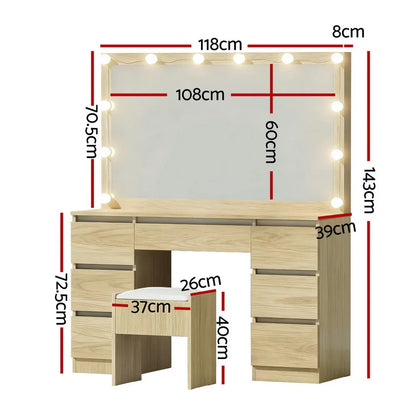 Artiss Dressing Table Vanity Desk Set Stool 12 Led Bulbs Wood - Mekamart Australia