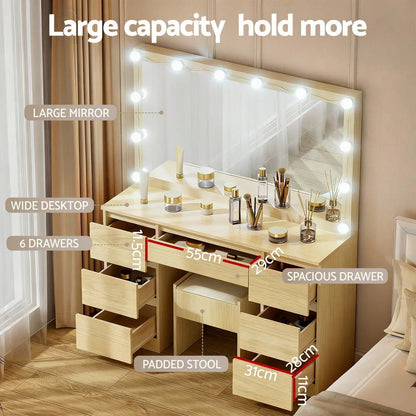 Artiss Dressing Table Vanity Desk Set Stool 12 Led Bulbs Wood - Mekamart Australia