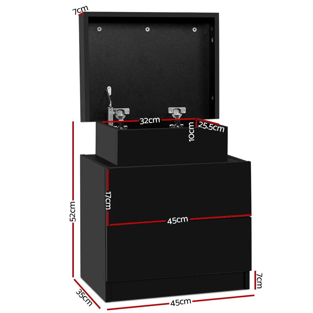 Artiss Bedside Table 2 Drawers Lift-up Storage - COLEY Black - Mekamart Australia