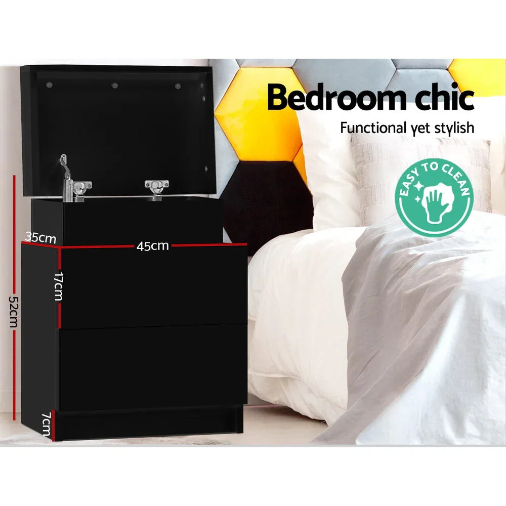 Artiss Bedside Table 2 Drawers Lift-up Storage - COLEY Black - Mekamart Australia