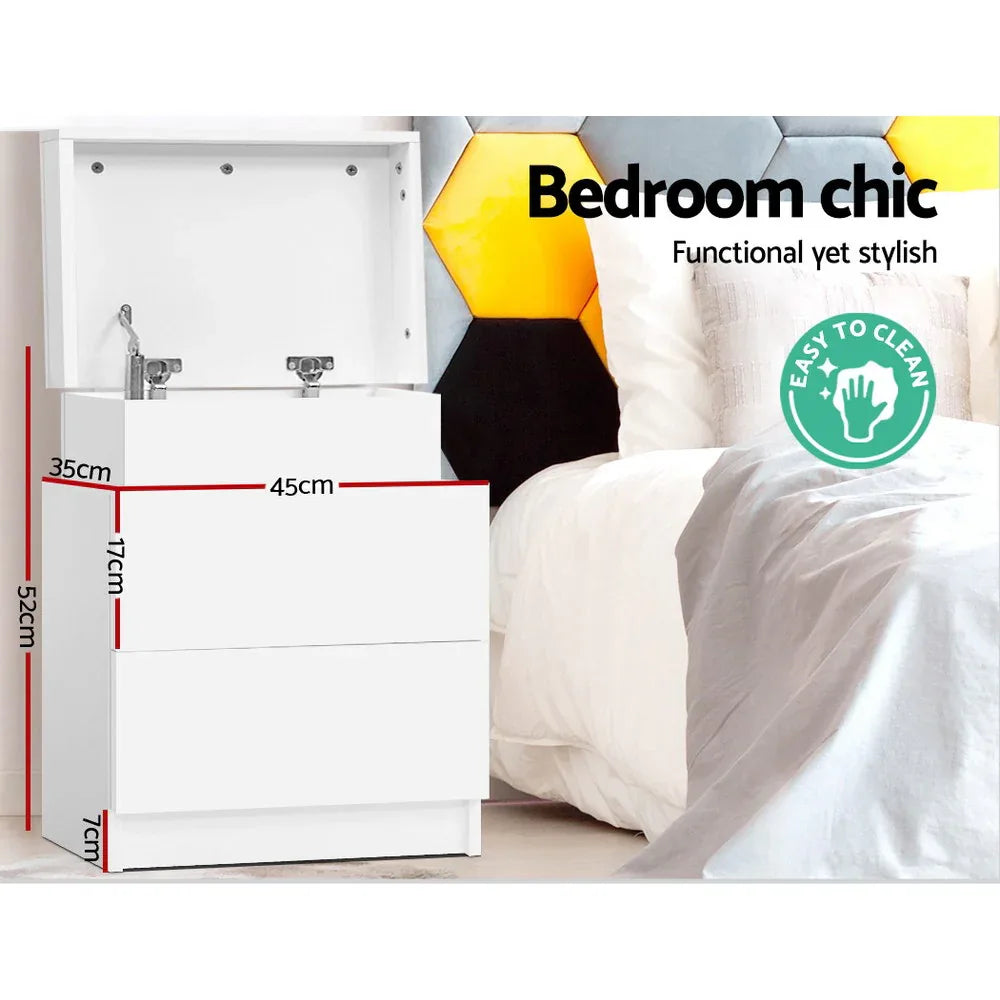 Artiss Bedside Table 2 Drawers Lift-up Storage - COLEY White - Mekamart Australia