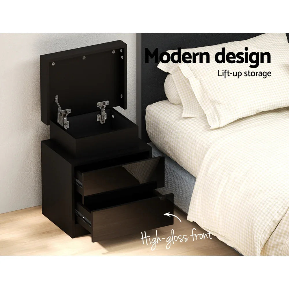 Artiss Bedside Table LED 2 Drawers Lift-up Storage - COLEY Black - Mekamart Australia