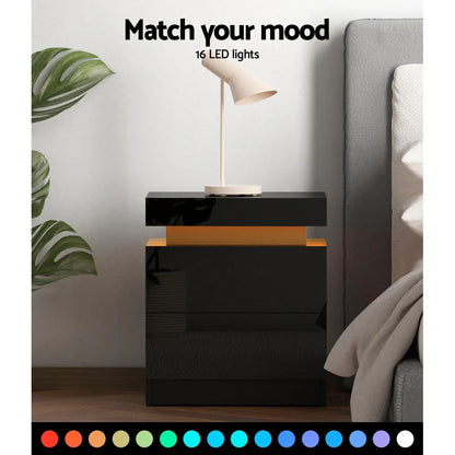 Artiss 2X Bedside Table LED 2 Drawers Lift-up Storage - COLEY Black - Mekamart Australia