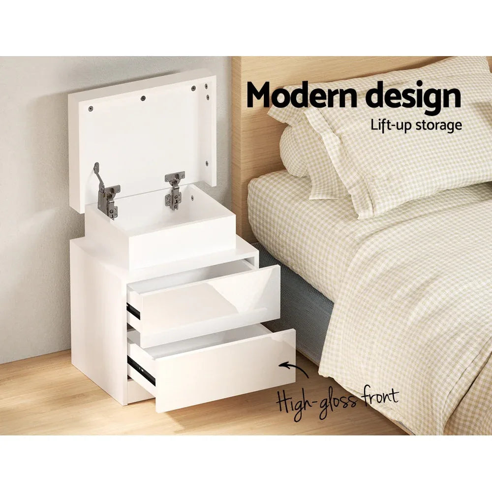 Artiss 2X Bedside Table LED 2 Drawers Lift-up Storage - COLEY White - Mekamart Australia