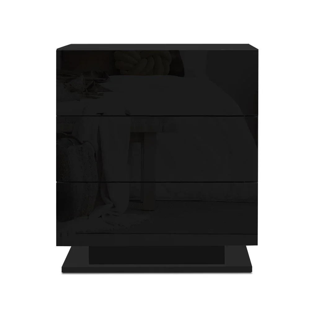 Artiss Bedside Table LED 3 Drawers - MORI Black - Mekamart Australia