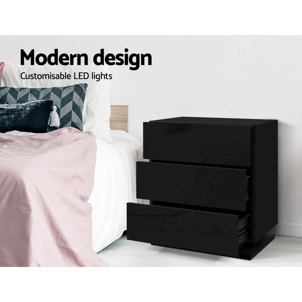 Artiss Bedside Table LED 3 Drawers - MORI Black - Mekamart Australia