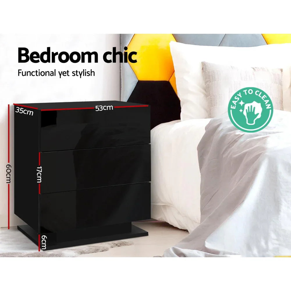 Artiss Bedside Table LED 3 Drawers - MORI Black - Mekamart Australia