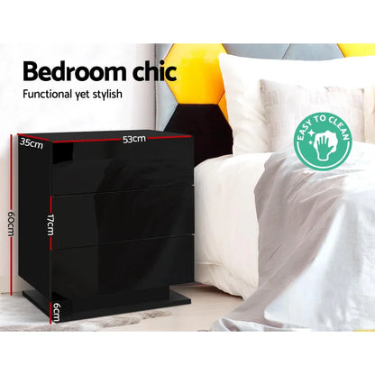 Artiss Bedside Table LED 3 Drawers - MORI Black - Mekamart Australia