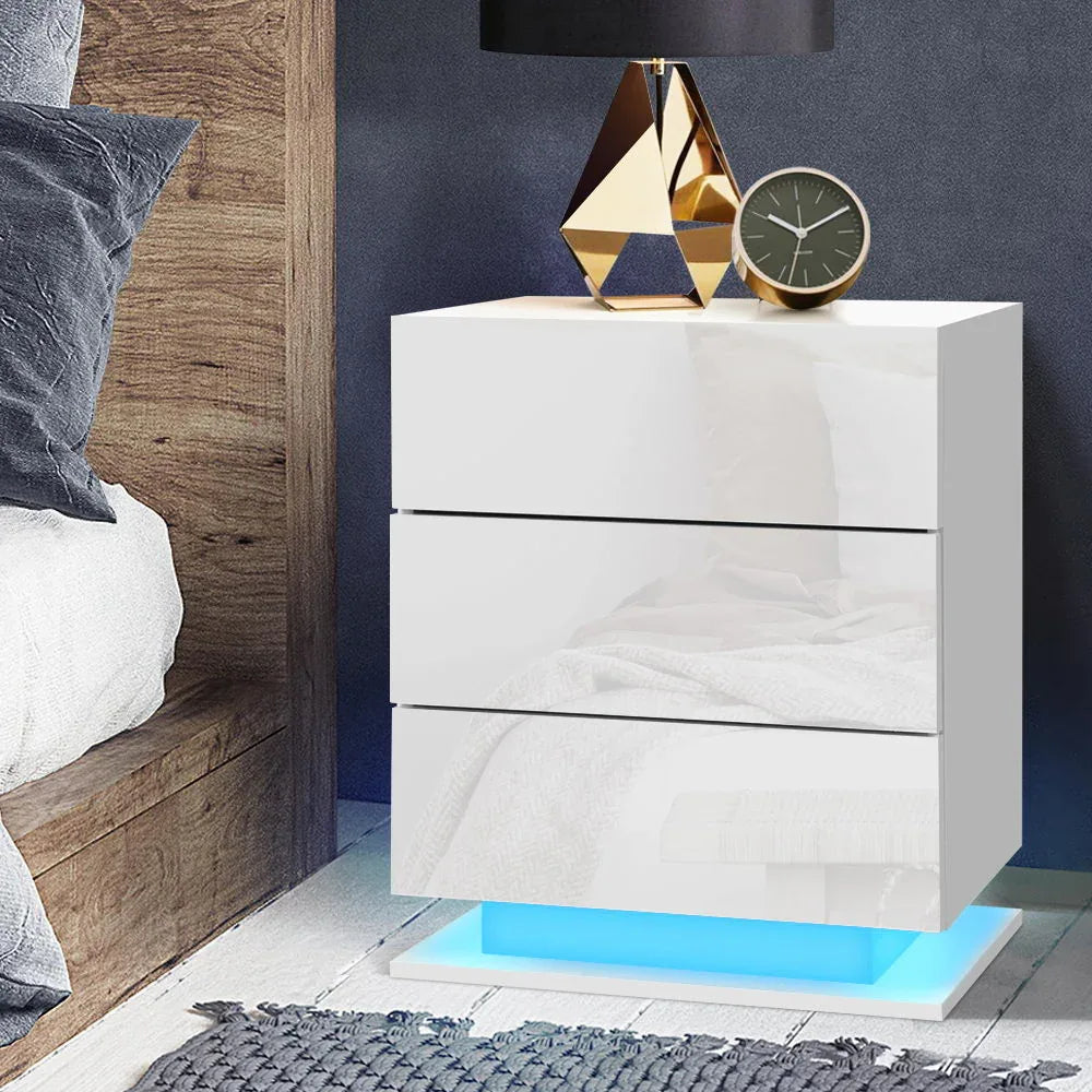 Artiss Bedside Table LED 3 Drawers - MORI White - Mekamart Australia