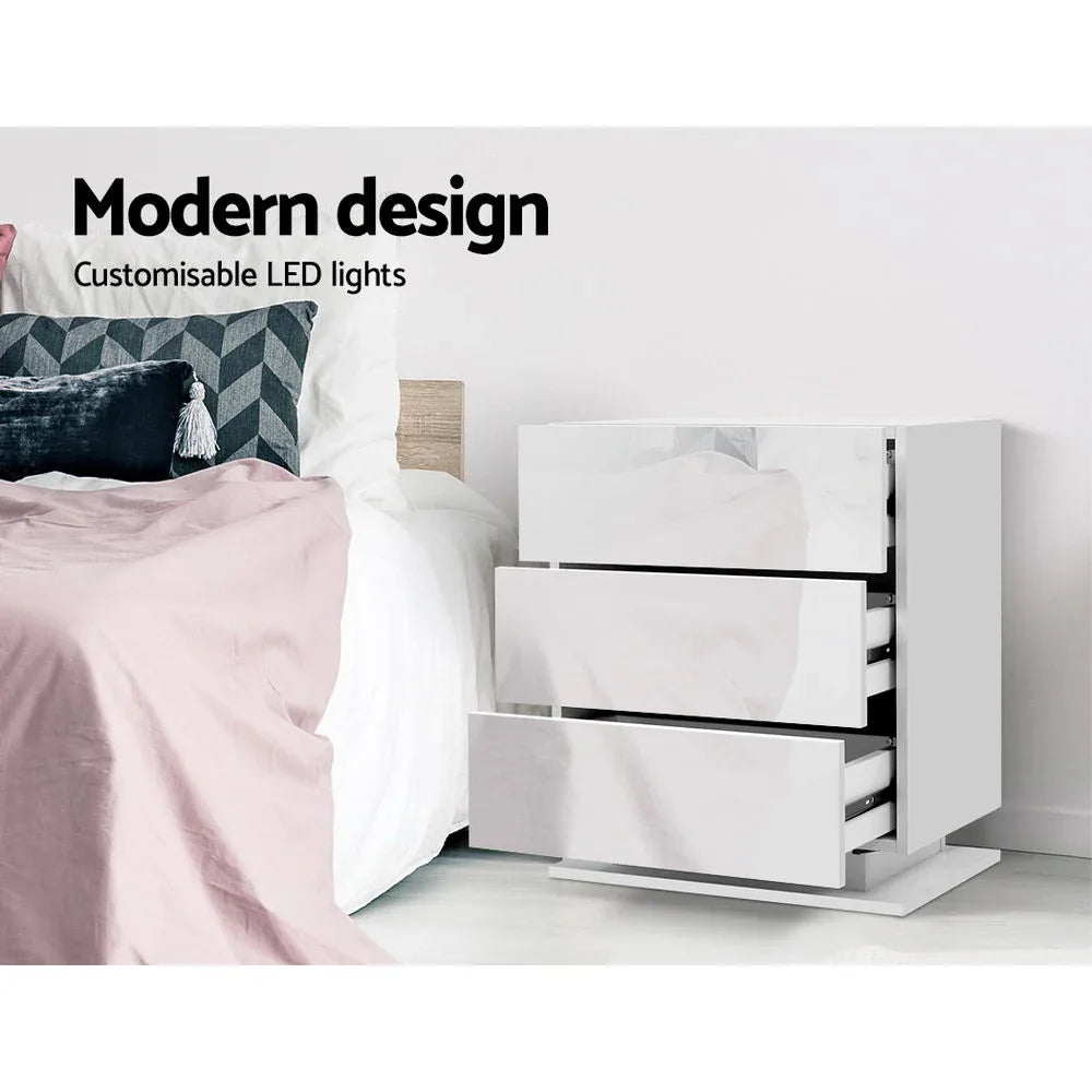 Artiss Bedside Table LED 3 Drawers - MORI White - Mekamart Australia